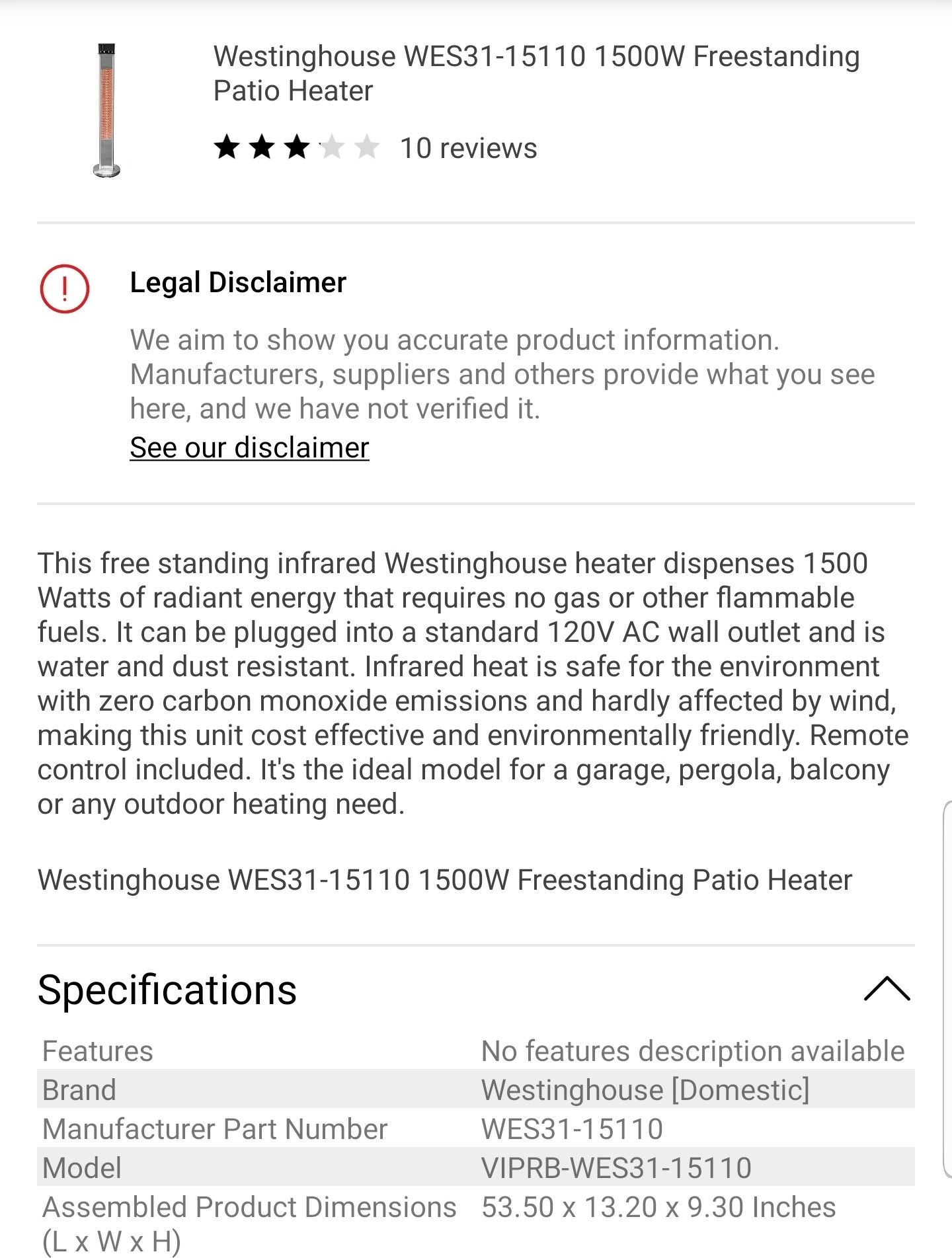 Westinghouse Wes31-15110 - 1500w Freestanding Patio Heater for Sale in  Pomona, CA - OfferUp
