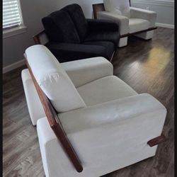 2 white CHAIRS and black LOVESEAT