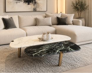 50” DESIGN COFFEE TABLE GREEN AND WHITE FAUX MARBLE TOP BRONZE LEGS