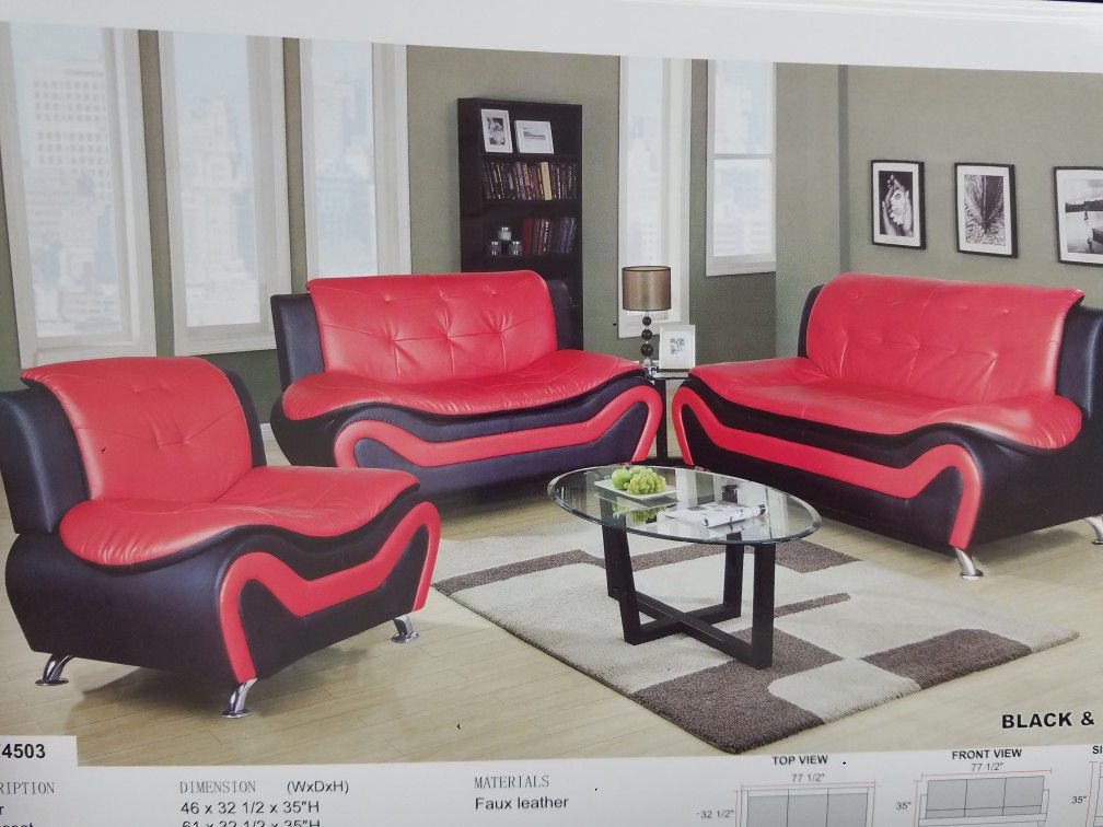 Brand New Box Only $52 Down Red And Black Faux Leather Sofa Loveseat Chair Special