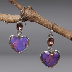 New Silver Plated, Purple Turquoise, Heart Dangle Earrings. 