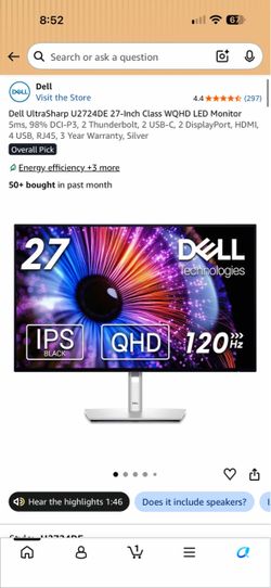 Dell U2724DE 27” QHD 120Hz Thunderbolt 4 Hub Monitor