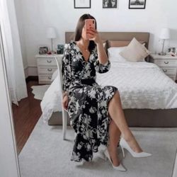 H&M Johanna Ortiz Midi Floral Wrap Dress Black White Bloggers Trending Size M