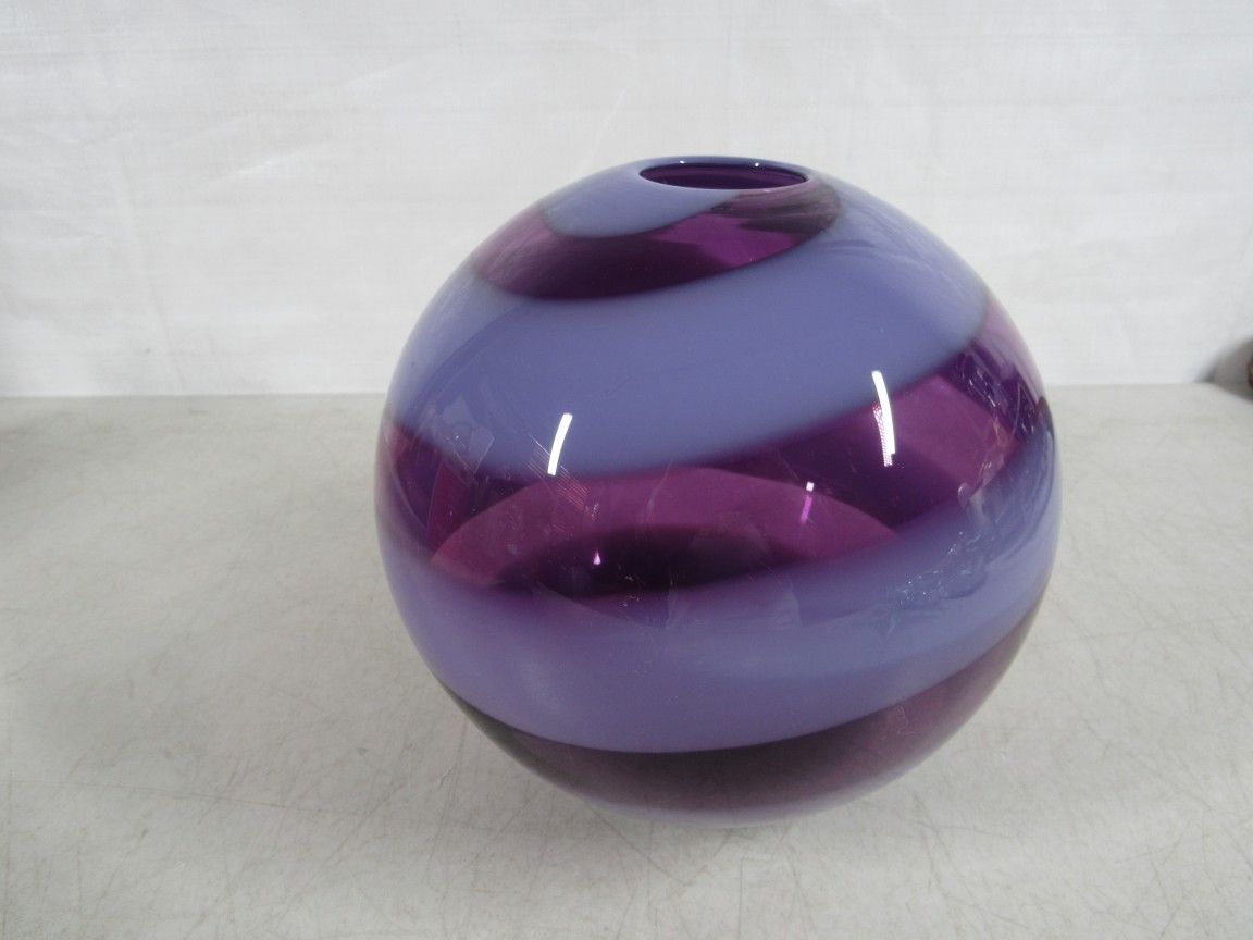 Unique Hand Blown Art Glass Purple/Pink Swirls Orb Globe Vase Signed
