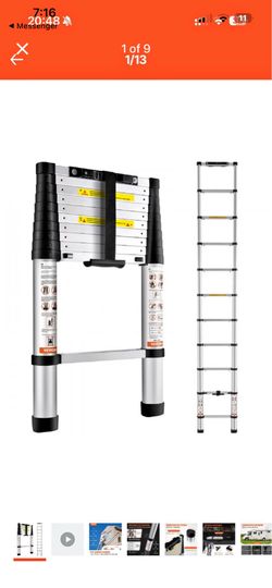 VEVOR 10.5 ft aluminum telescoping ladder with one-button retraction.
