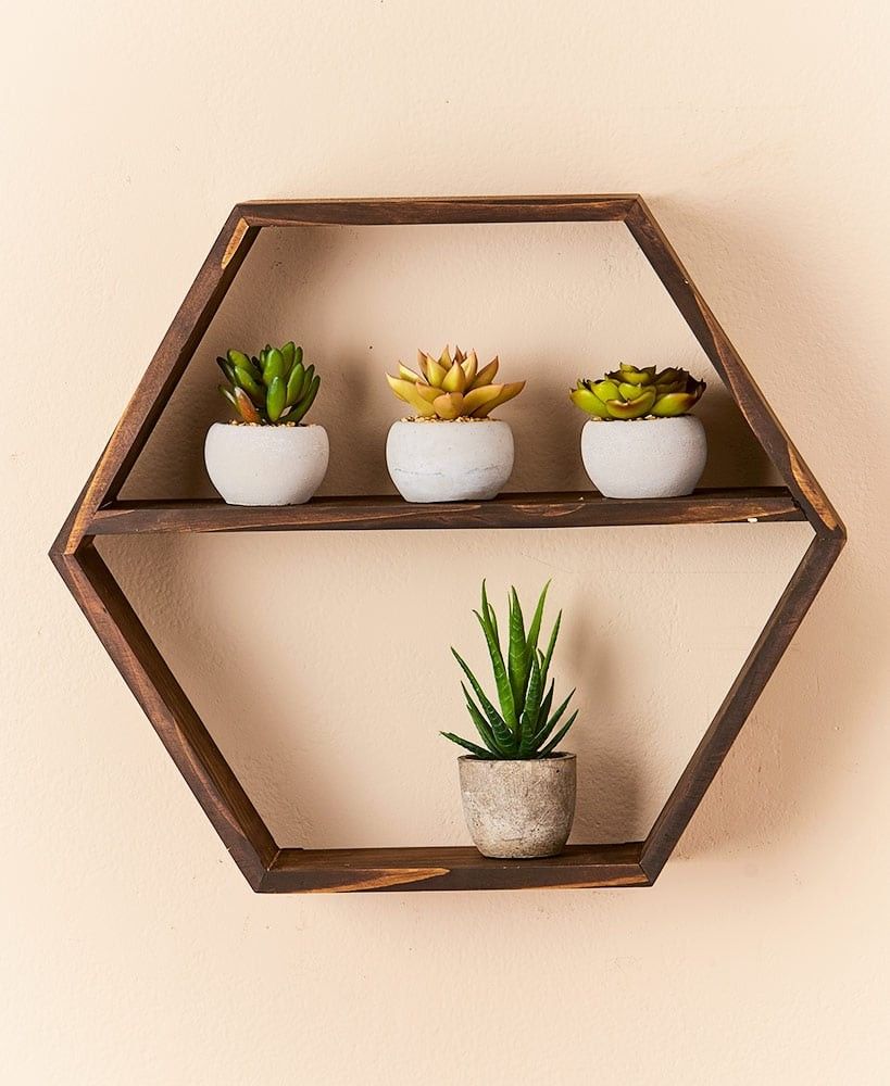 Farmhouse Hexagon Wood Middle Bar Floating Shelf Wall Decor 16 Inches