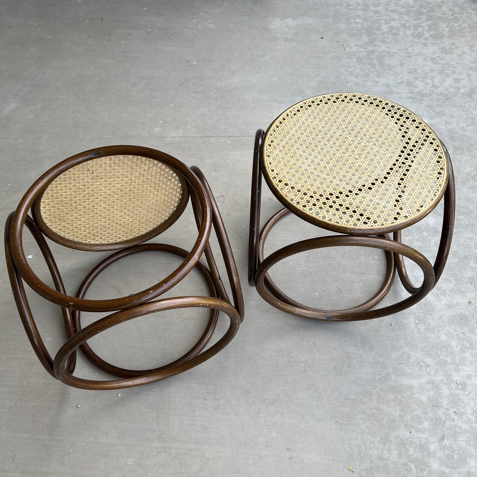 Vintage MCM Pair of Thonet Style Bentwood Rattan & Cane Round Ottoman/ Stool/ Plant Stand