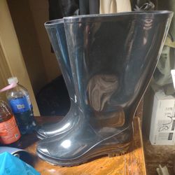 Women's Sz 11 Shiny Black Rubber Rain Boots, New 