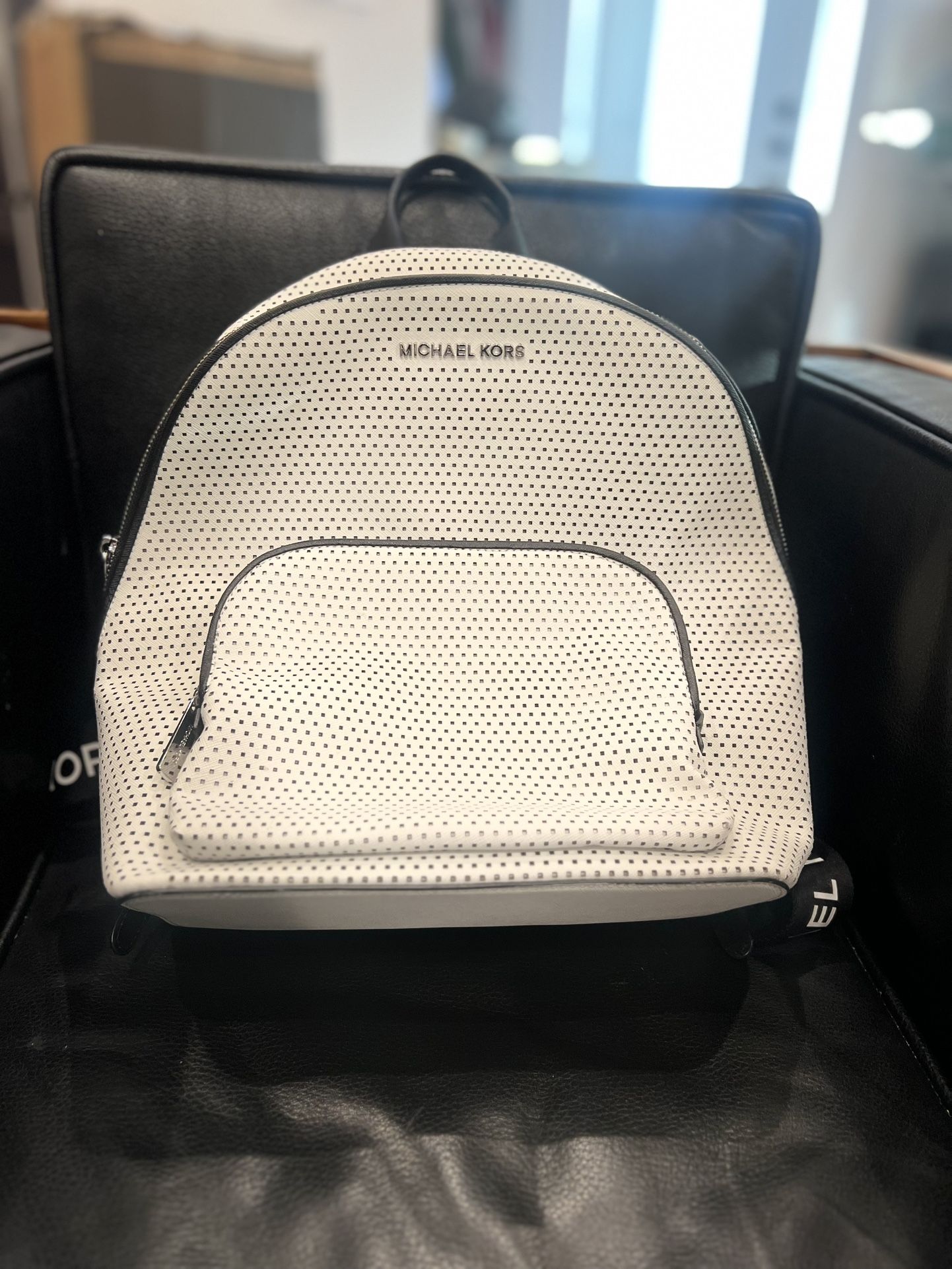 New with Tags MICHAEL KORS LACEY MK Sport Tape Backpack In OPTIC WHITE Perforated Leather