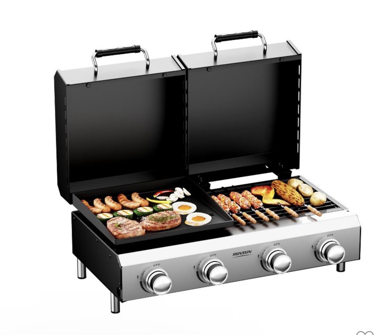 4 Burners Gas Flat Top Grill and Griddle with Lid, Powerful 40,000 BTU Grills with Heat-resistant coating, Camping Grill for Outdoor BBQ Use