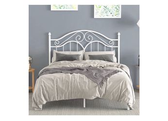 Full size White Metal Bed Frame with Scrollwork Headboard