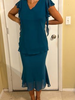 Vintage Lietto Teal Blue Chiffon 2-Piece Dress Set | Ruffle Flutter Sleeve & Layered Flounce Hem (Size 44 / US 12-14)