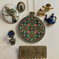 Vintage Jewelry Lot - Unique Necklace + Pins - Flowers Bird Teapot Teacup