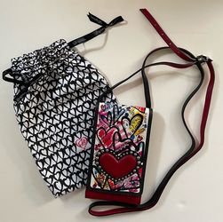 Brighton Phone & Credit Card Organizer Leather Crossbody Handbag “Art of Love “ Wallet, Dust Bag