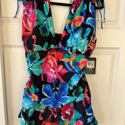NWT MAZU APPAREL Plus Grecian Skater Ruched One Piece Swimdress Garden Floral Black Retails $108 20W