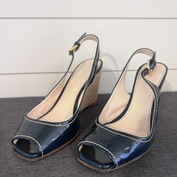Prada Navy Blue Patent Leather Peep Toe Wedges Slingback Sandals Size 37 6.5 US