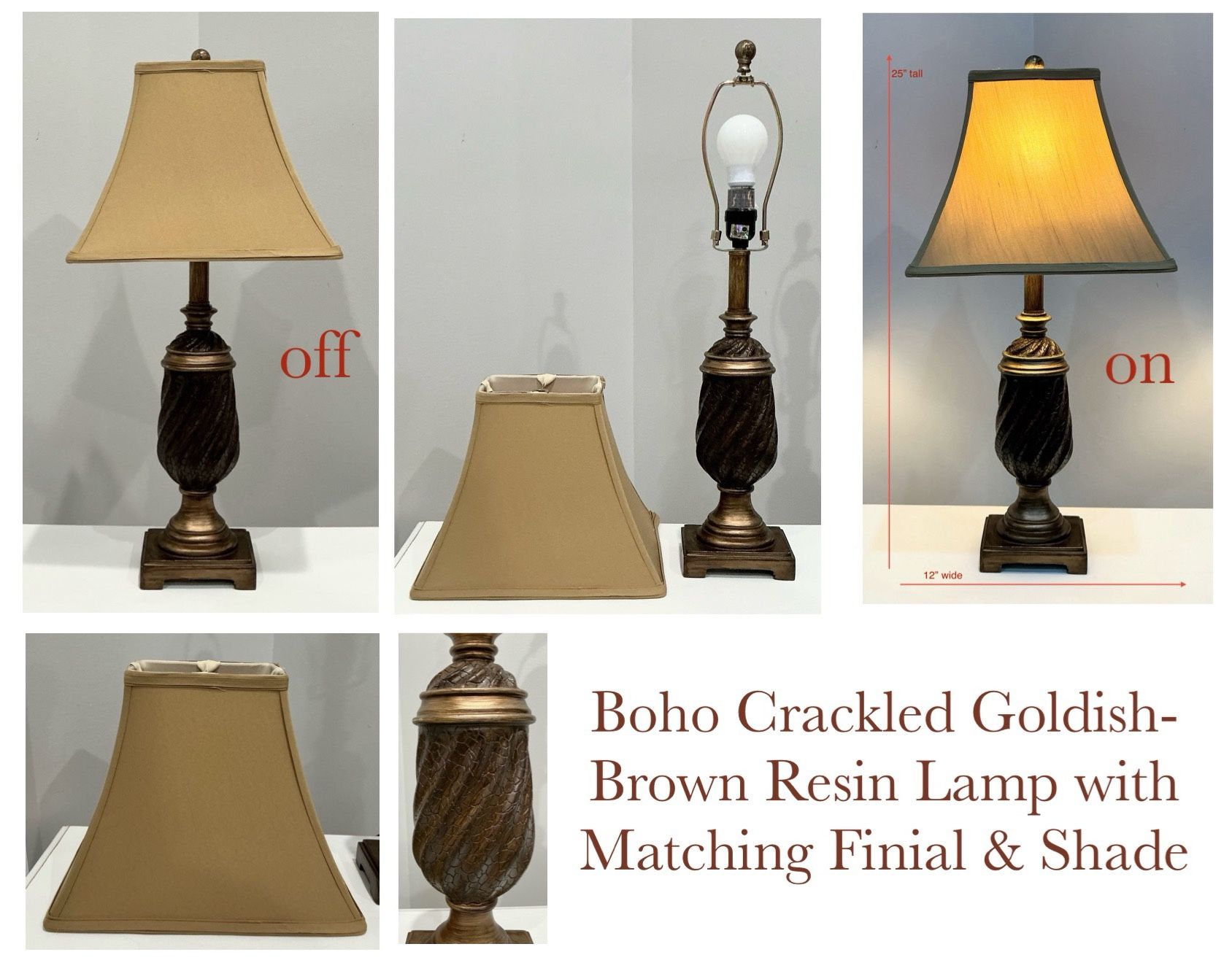 Boho Crackled Goldish-Brown Resin Lamp with Matching Finial & Shade