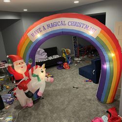 Merry Christmas Inflatable Decoration Santa Clause Riding Unicorn On Rainbow Airblown 7.48 ft Pre-Lit LED Mixed Media Unicorn Rainbow Arch Christmas I