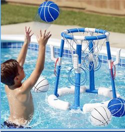 2 in 1 Pool Basketball Hoop, Floating Pool Toys, Blue 4 Balls/8 Ring Toss Game for Kids Ages 4-8, Indoor Outdoor Water Basketball for Poolside Family 