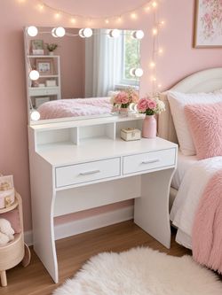 White Modern Double Drawer Girl’s Bedroom Vanity Cosmetic Desk with Lights! Good condition!  31.5x16x55.5in