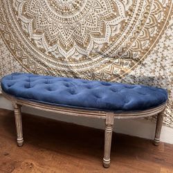 LIKE NEW Tufted Royal Blue Velvet Ottoman Wooden Bench Half Moon Seat Upholstered 