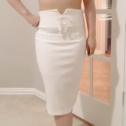 Women high waist white bow pencil midi straight office evening skirt