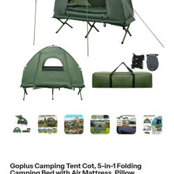 Goplus Camping Tent Cot, 5-in-1 Folding Camping Bed with Air Mattress, Pillow, Sleeping Bag