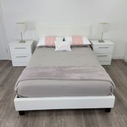 White Platform Bed Frame and Two Nightstand