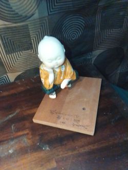 Vintage Japanese Clay Monk Figurine / Hakata Doll on Inscribed Wood Base