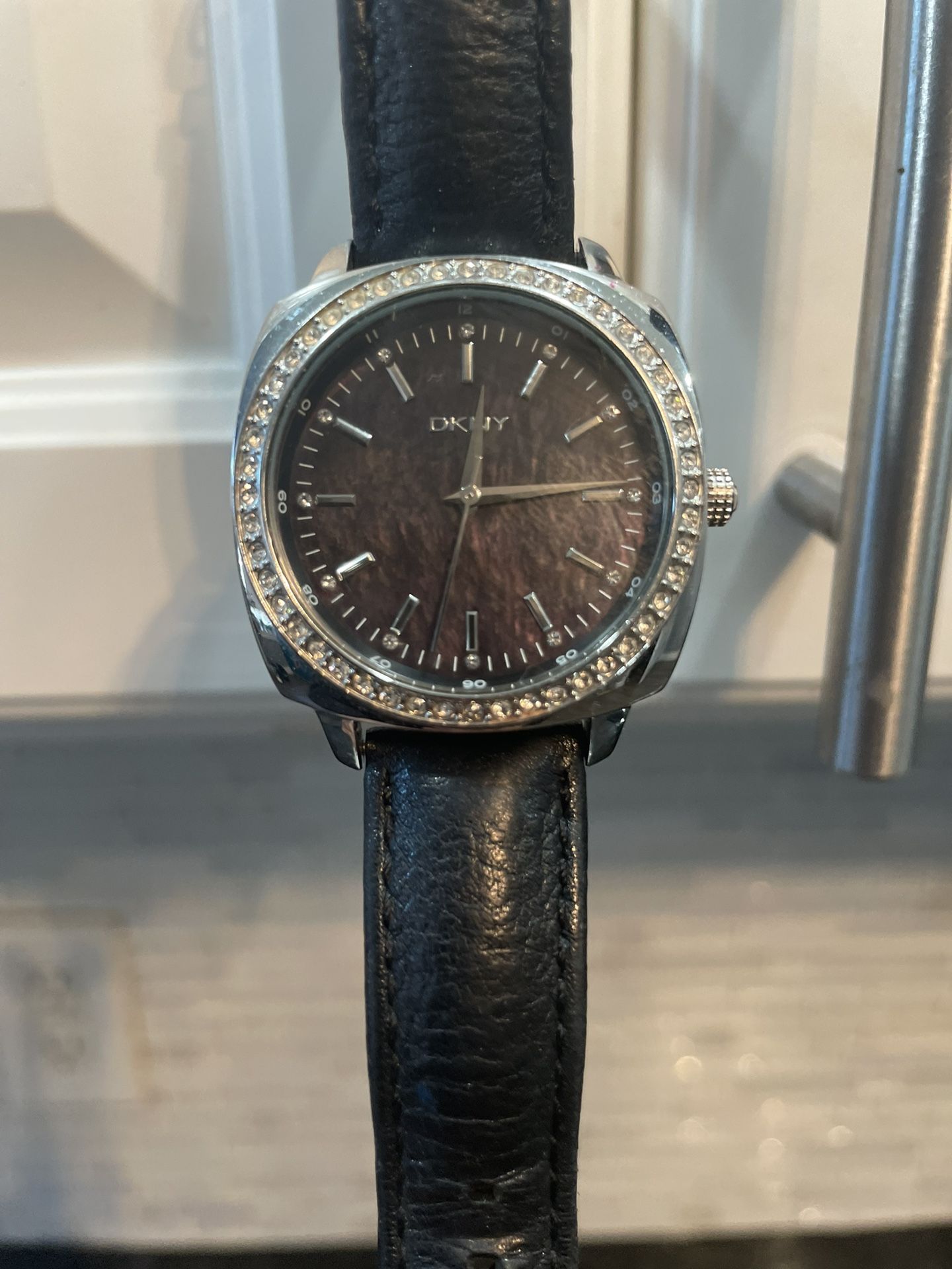 DKNY Watch Women Silver Tone Black MOP Dial Pave Bezel Leather Band