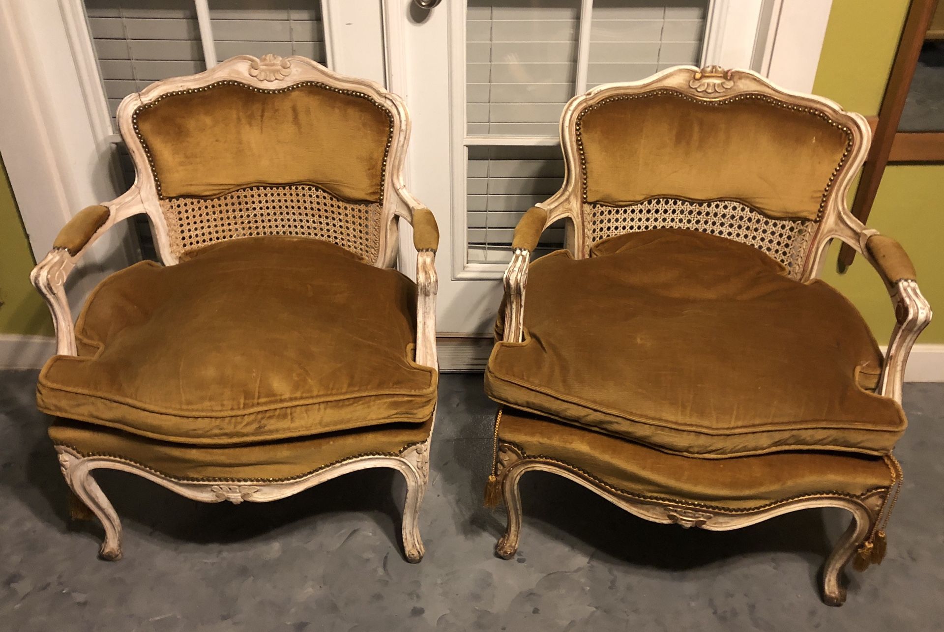 Pair Antique French Chairs Off White Down Cushions