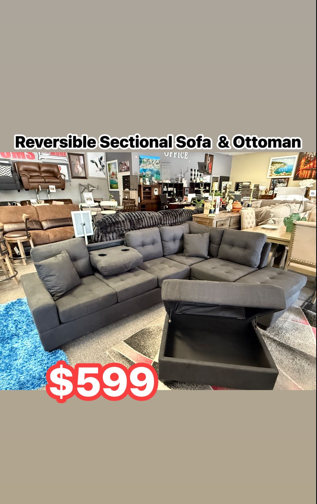 Reversible Sectional Sofa & Storage Ottoman