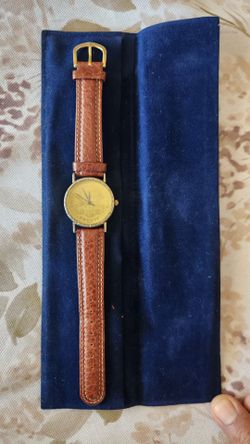 Gold Coin Dial Watch Brown Leather Strap