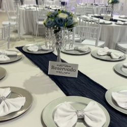 Weeding  Dusty Blue Flower,vase,Silver Plates ,table runner,napkins Fabric,back Decoration Etc