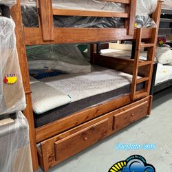 Triple Full Oak Bunk Bed With Mattresses New