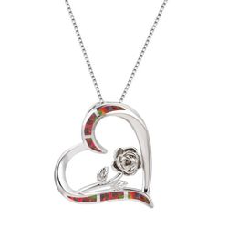 BRAND NEW IN PACKAGE 18K SILVER PLATED RED OPAL ROSE FLOWER LOVE HEART PENDANT CHAIN NECKLACE - 18" WITH 2" EXTENDER