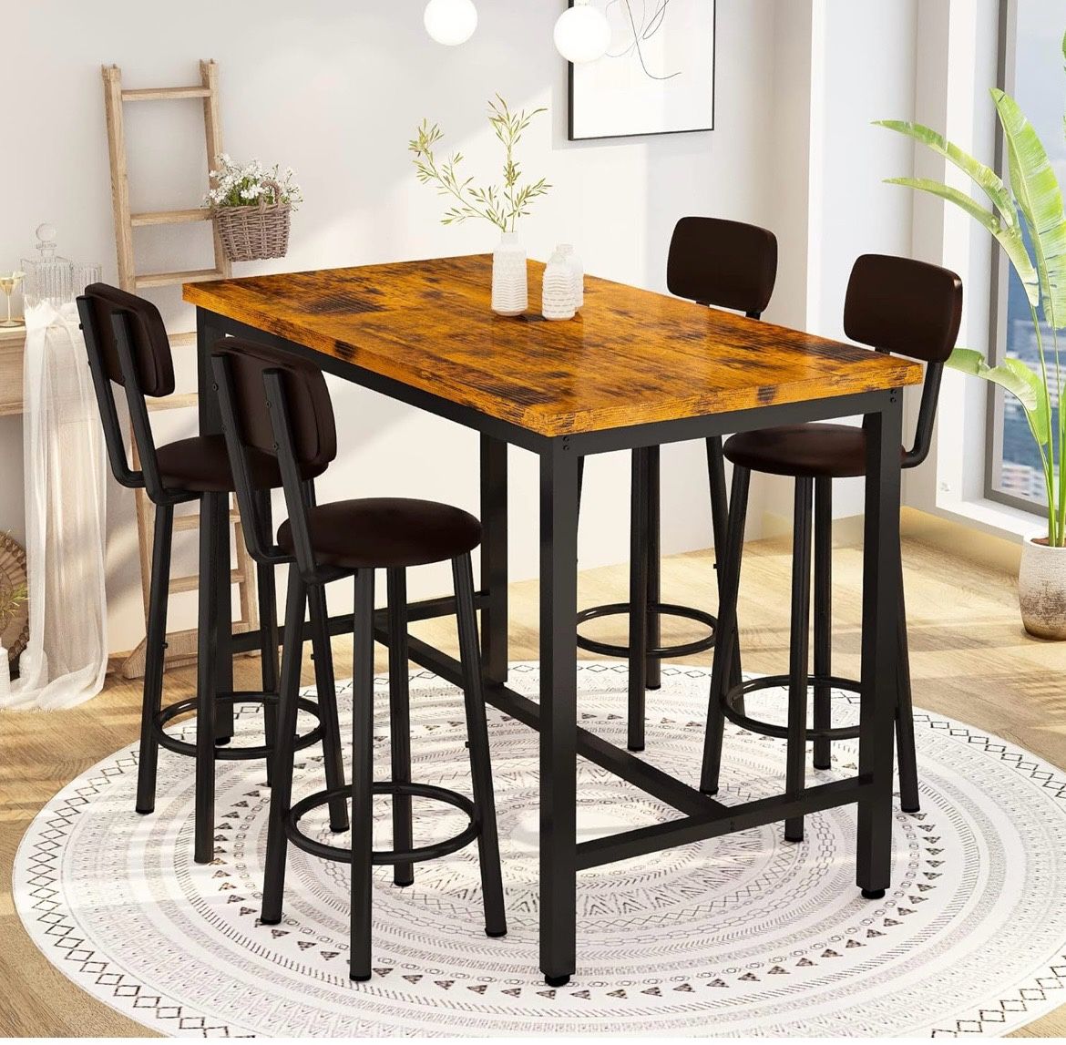 K82 $120 Lamerge Dining Table Set for 4 Bar Table and Chairs Set Industrial Counter Height Dining Table Set with 4 PU Upholstered Stools Kitchen Pub T