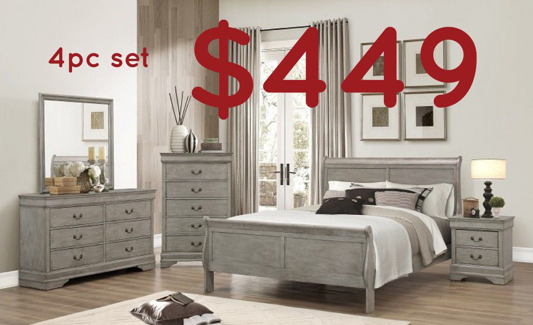 Rustic grey queen 4pc sleigh bedroom set