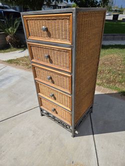 5 Drawer Dresser Metal Frame
Wood bamboo 

47" H  x  19" L  x  21" W