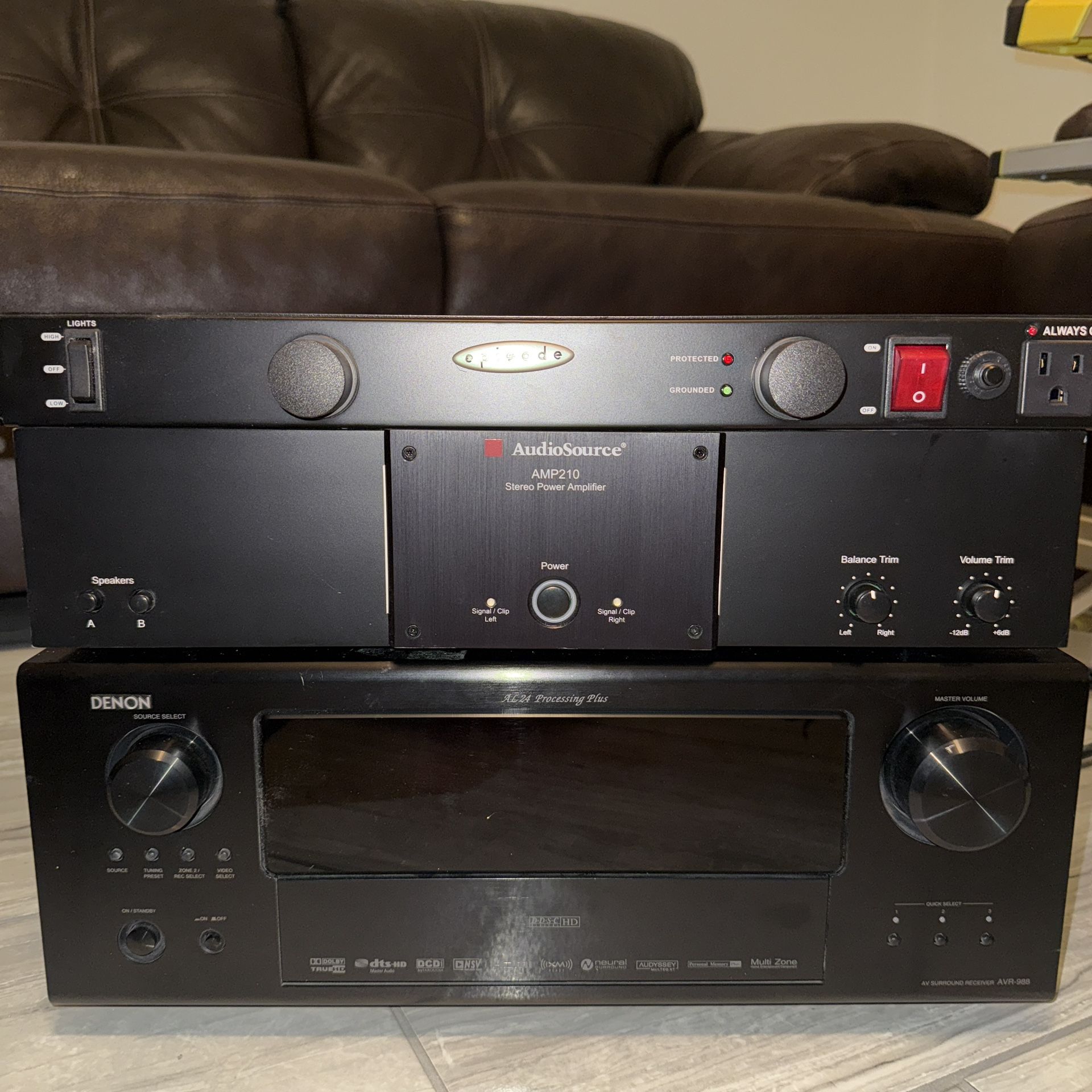 Working Denon 7.1 Receiver + AudioSource AMP210 + Rack Surge + RCA Cable Lot (Bundle)