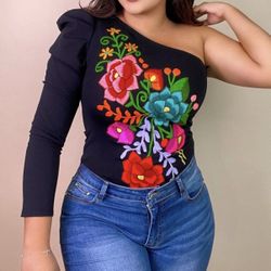One Shoulder Bodysuit Artesanal Embroidery 
