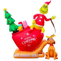 New 9 Foot Grinch And Dog With Sleigh Inflatable 