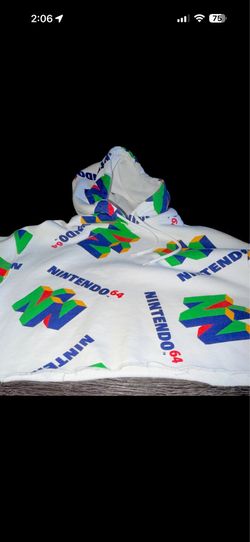 Nintendo 64 White All-Over Graphic Logo Print Pullover Fleece Hoodie Size S