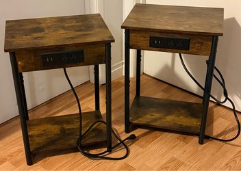 Nightstands Set of 2 with Charging Station, Metal Shelf, Rustic Brown