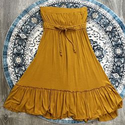 Rue21 Vintage Y2K Small Mustard Yellow Boho Strapless Ruffle Flowy Mini Dress