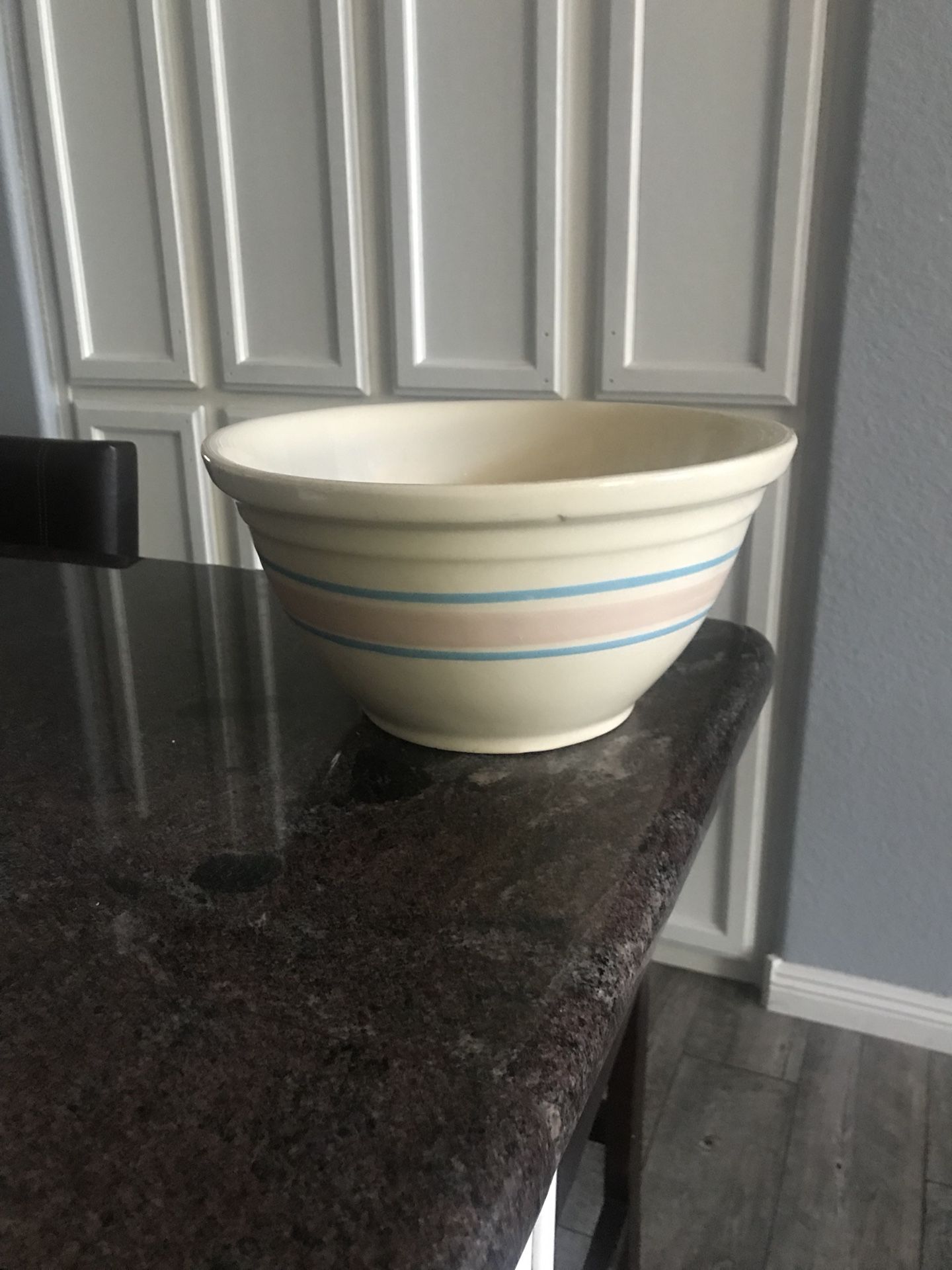 Vintage 12" Oven Ware USA Pink and Blue Banded Ceramic Mixing Bowl - Just like your Mom Used! - Lindsay and Warner