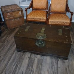 Antique Solid Wood Asian Trunk With Brass Fittings And Hardware