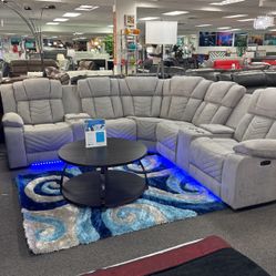  New Arrival💲Stunning Light Grey Power Reclining Sofa Sectional With Wireless Charger & LED Lighting $1799