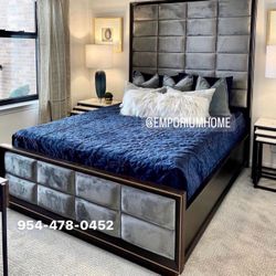 Grey Velvet Queen Bed 🔥buy Now Pay Later 