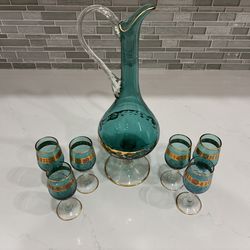 Venetian decanter in blue w/6 glasses